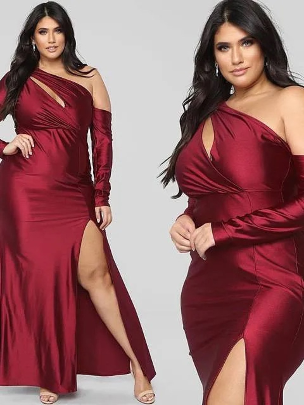Fashion Nova One-Shoulder Satin Gown in Wine Red